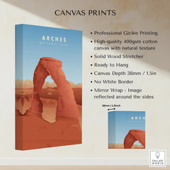 Arches National Park canvas print on wall, featuring red rock arch, blue sky, and product details.