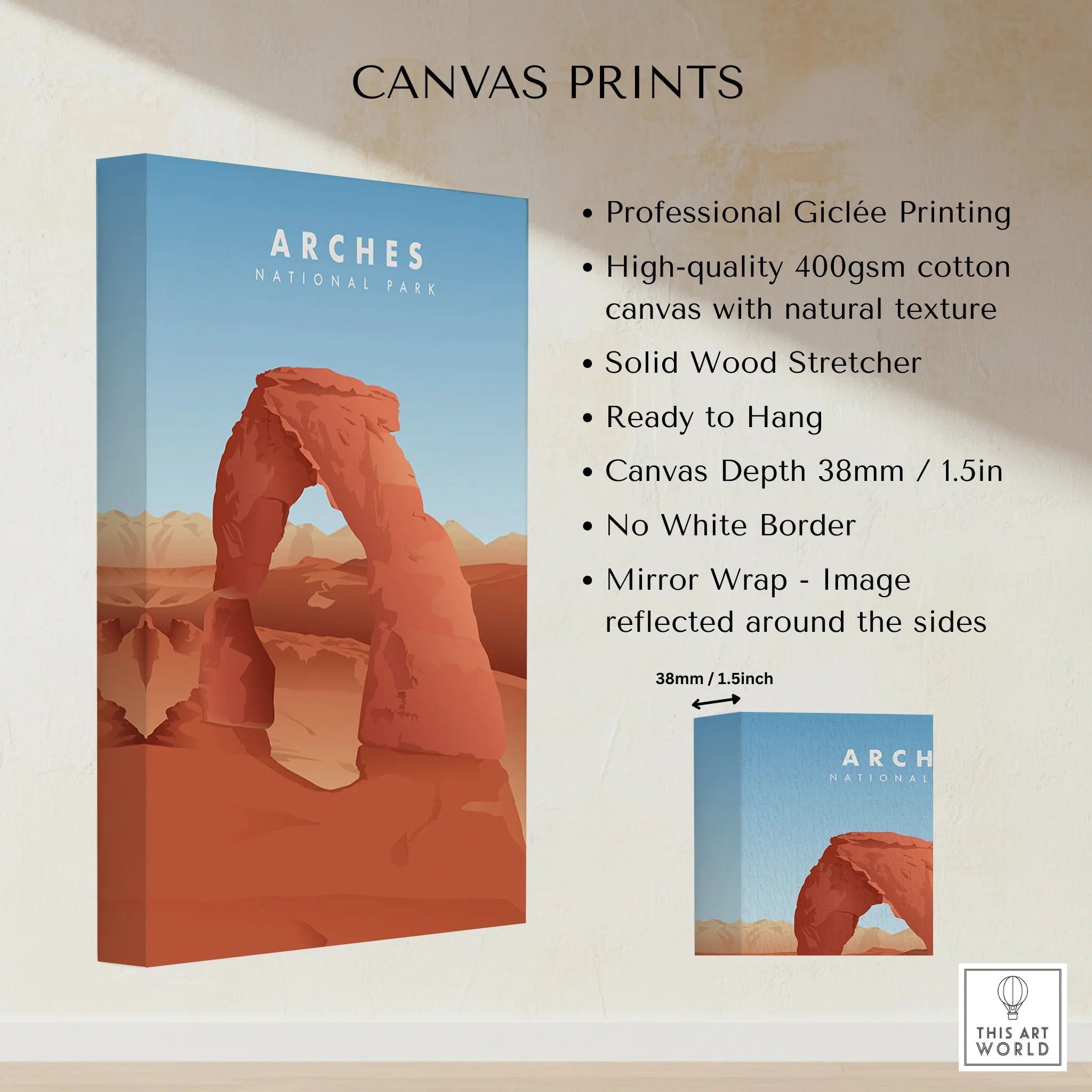 Arches National Park canvas print on wall, featuring red rock arch, blue sky, and product details.