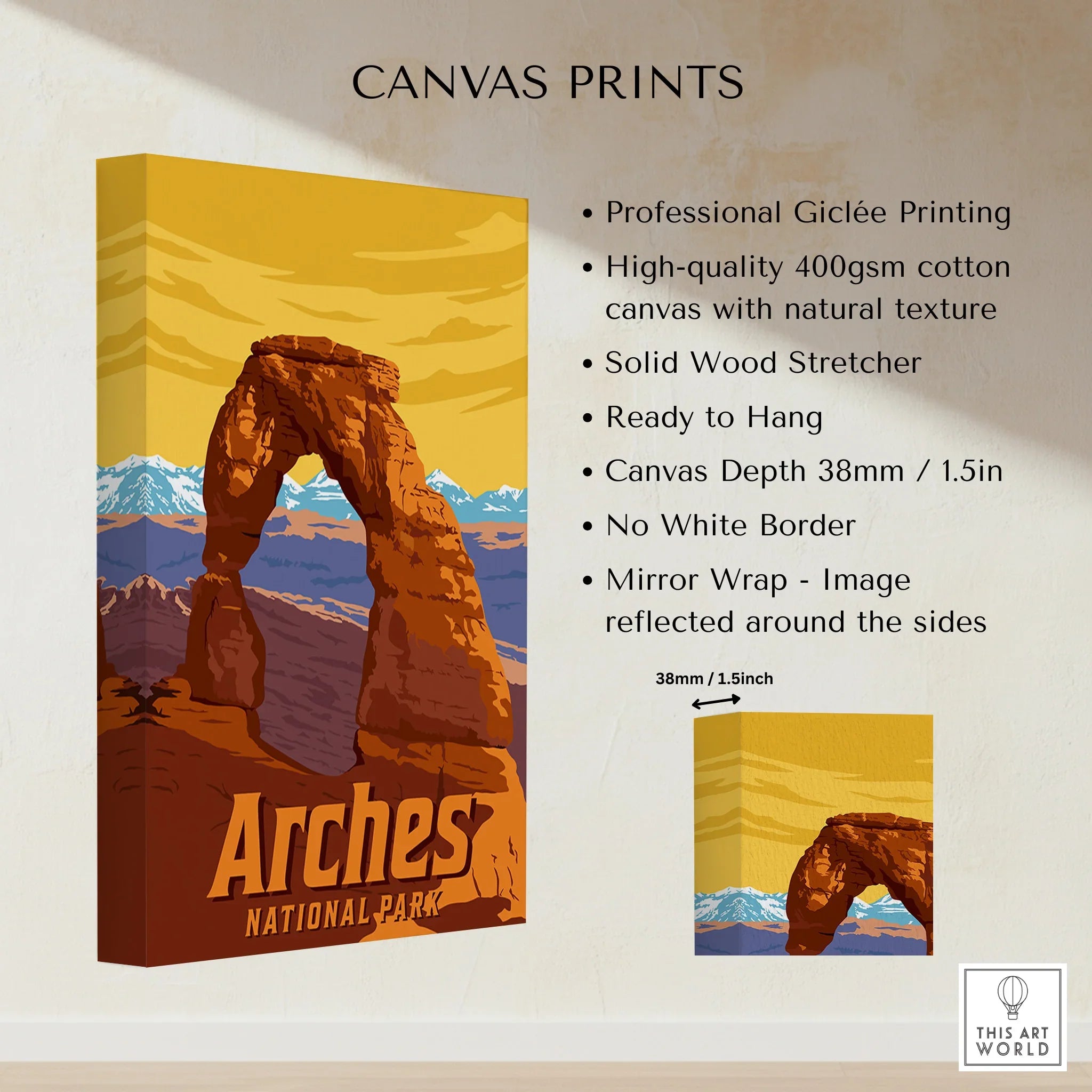 Arches National Park canvas print with Delicate Arch, cotton texture, and mirror wrap edges