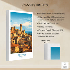 Arezzo Italy Travel Poster - Canvas Print showcasing a picturesque Tuscan landscape with architectural details.