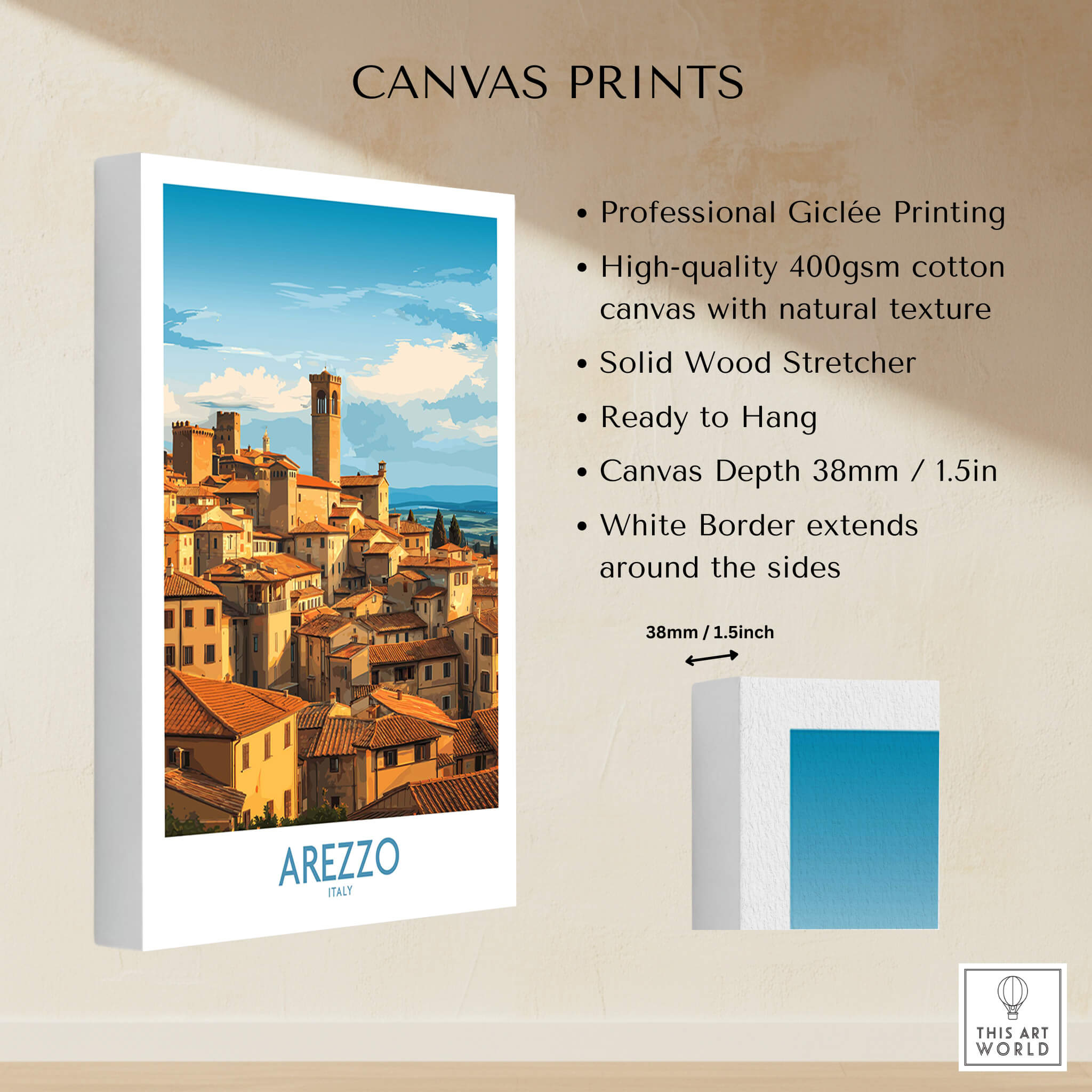 Arezzo Italy Travel Poster - Canvas Print showcasing a picturesque Tuscan landscape with architectural details.