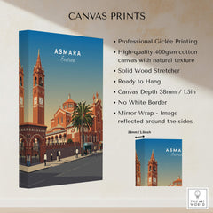 Asmara Travel Poster – Eritrea Cathedral and Bell Tower Art Print on high-quality canvas with solid wood stretcher.