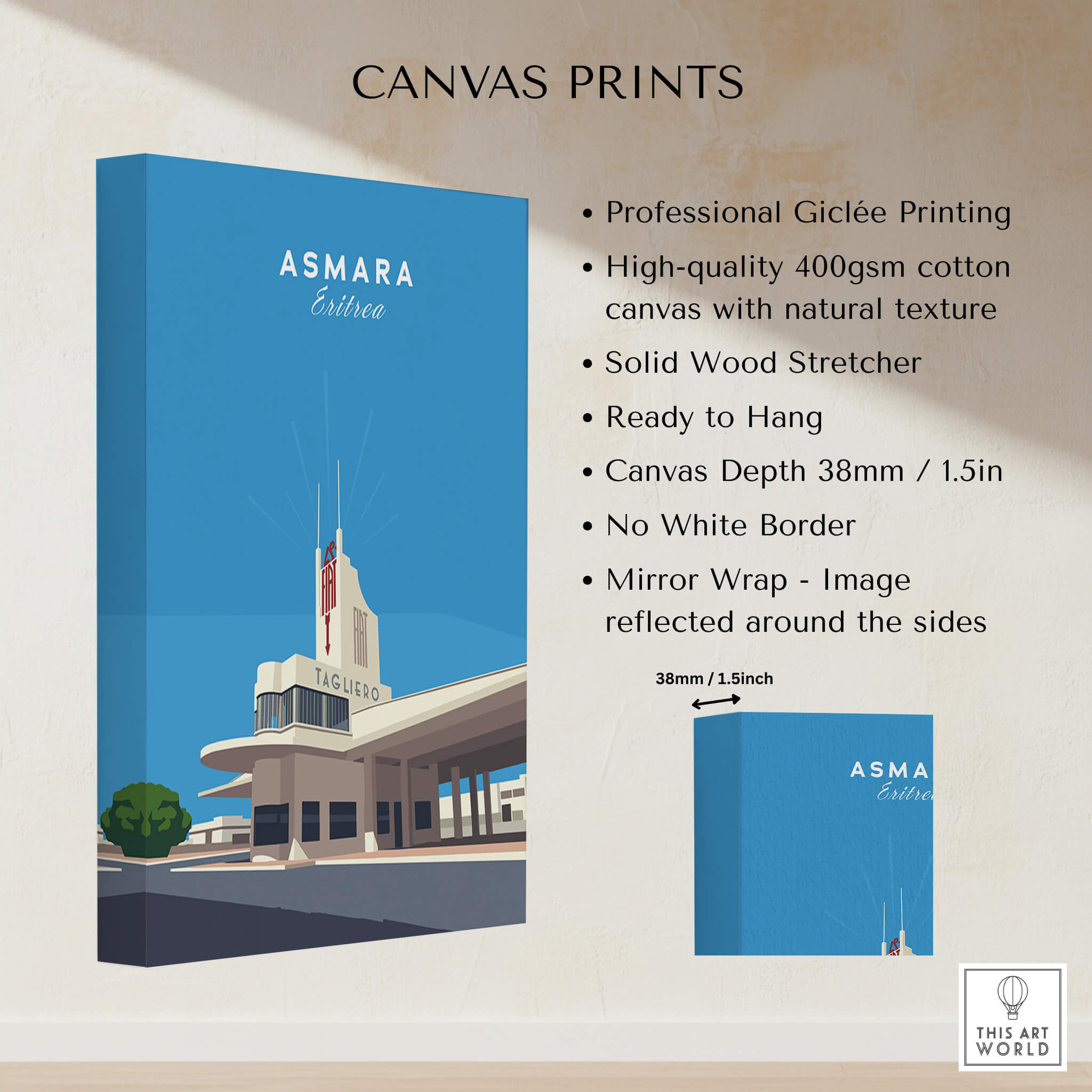 Asmara Travel Poster – Fiat Tagliero Futurist Architecture Art Print displayed on a high-quality canvas print.