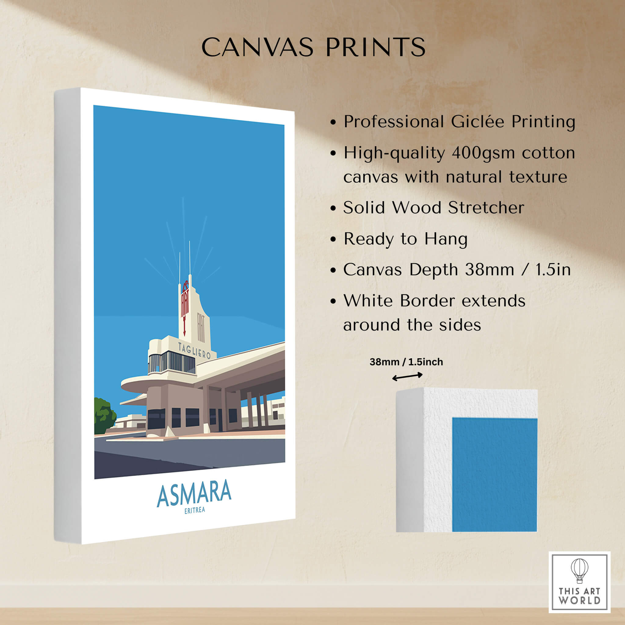 Asmara Eritrea Print – Fiat Tagliero Poster showcasing professional giclée printing and details of the canvas.