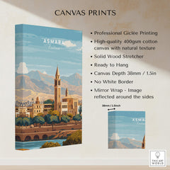 Asmara Travel Poster – Cityscape Skyline and Mountain Landscape Art Print showcased on canvas with mountain backdrop.