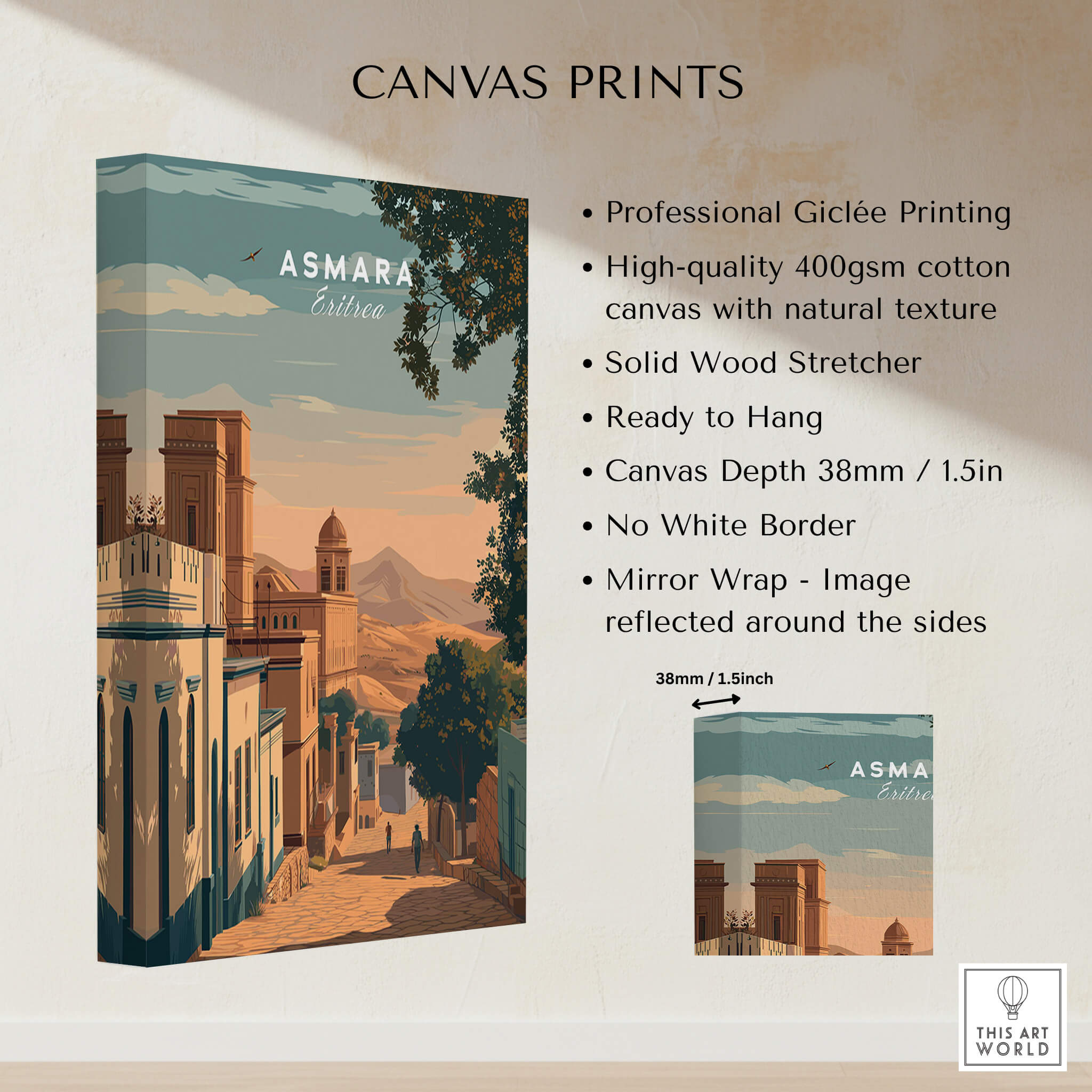 Asmara Travel Poster – Sunset Cityscape Art Print displayed on a high-quality canvas with natural texture.