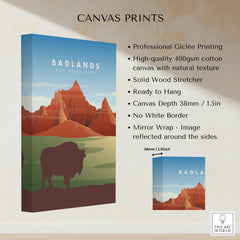 Badlands National Park canvas print featuring silhouette bison and red rock formations, ready to hang.