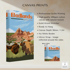 Badlands National Park canvas print with buffalo, illustrated landscape, and product details