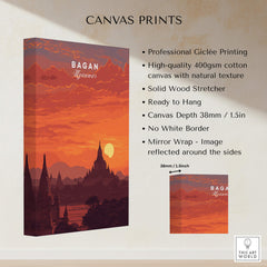 Bagan Travel Poster – Myanmar Ancient Temple Sunset Art showcasing stunning orange sunset over ancient pagodas.
