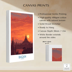 Bagan Myanmar Wall Art – Buddhist Pagoda Skyline Canvas Print showcasing the vibrant sunset over pagodas.
