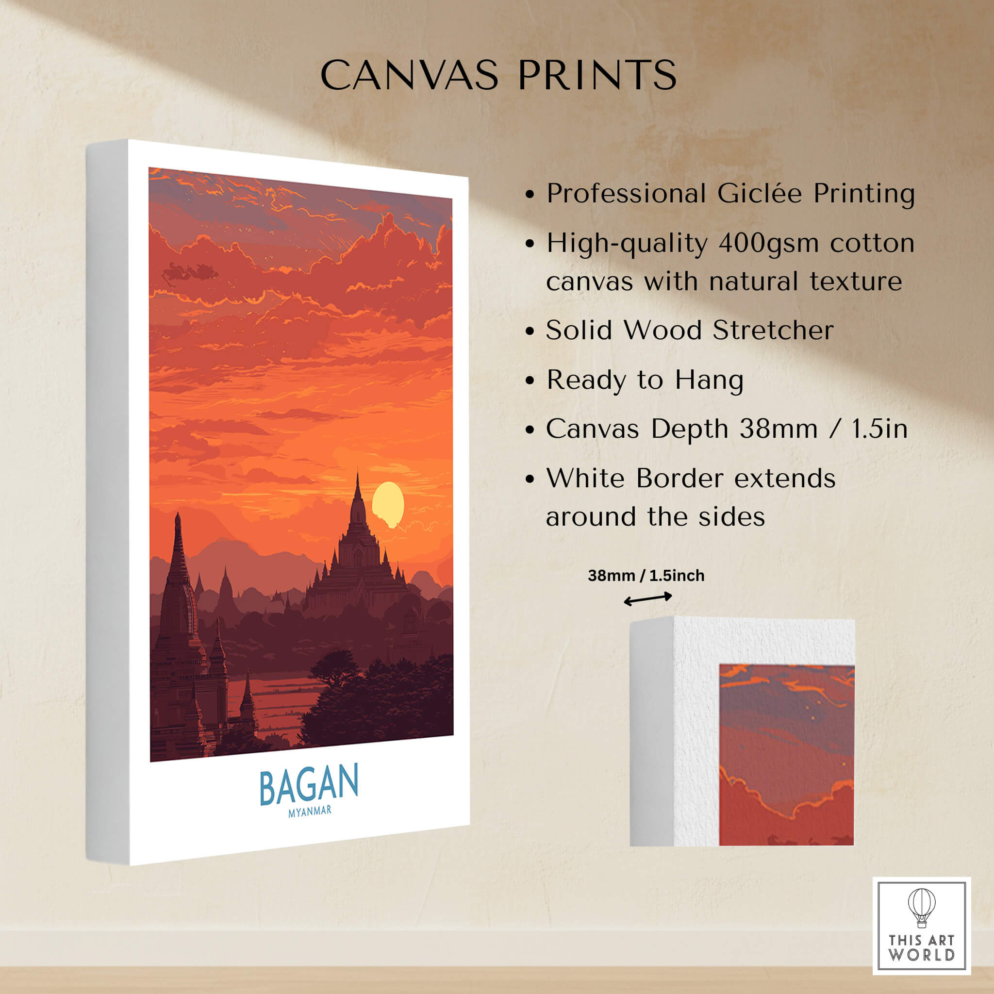 Bagan Myanmar Wall Art – Buddhist Pagoda Skyline Canvas Print showcasing the vibrant sunset over pagodas.