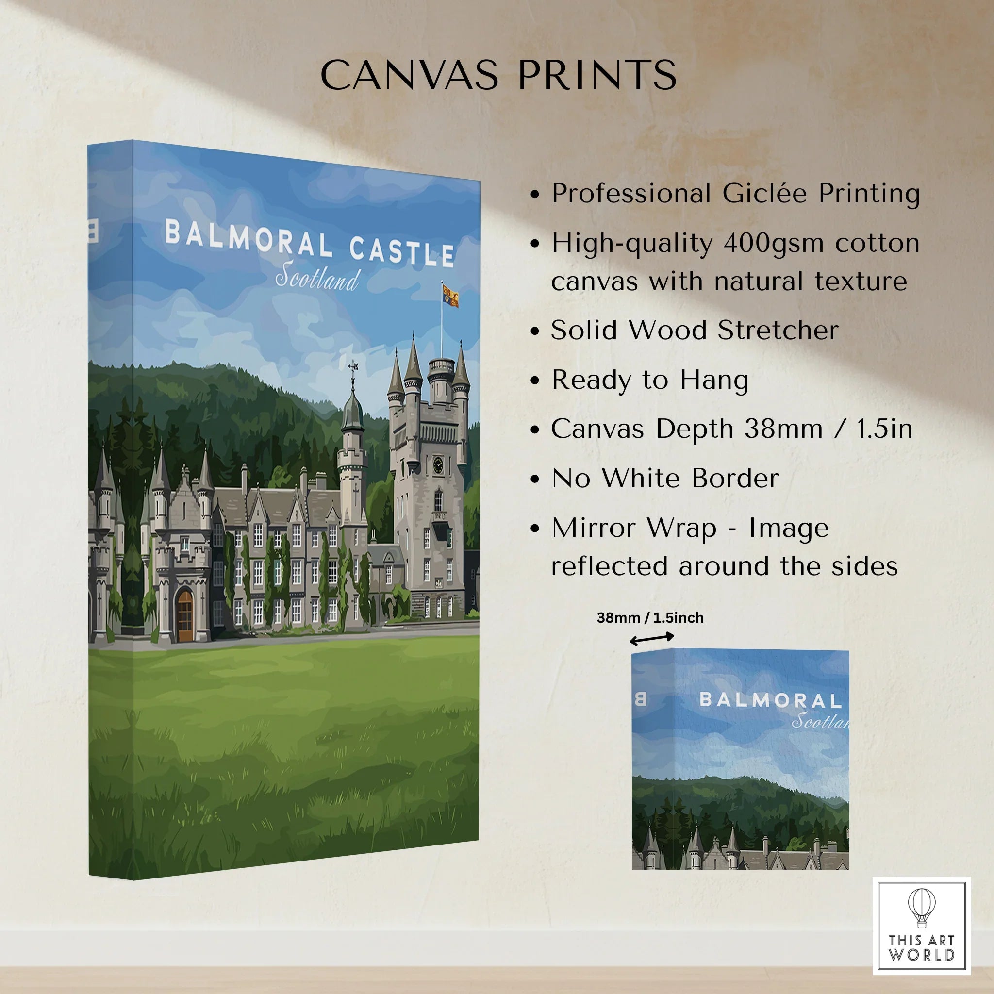 Balmoral Castle Scotland canvas print with lush green landscape, ready to hang wall art