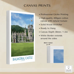 Balmoral Castle Scotland canvas wall art print with cotton canvas texture and white border.