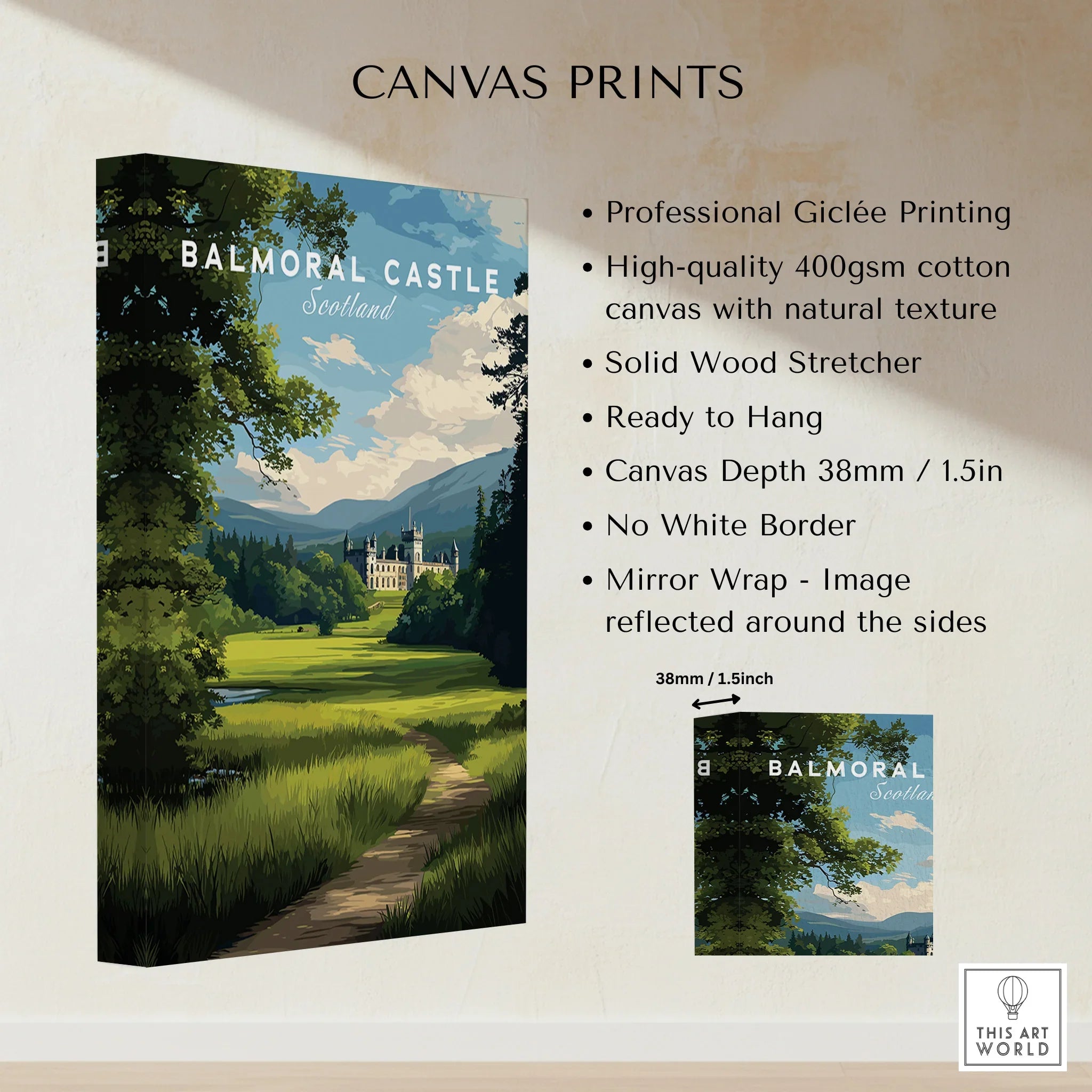 Balmoral Castle Scotland canvas print with forest landscape, solid wood stretcher, ready to hang.