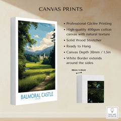 Balmoral Castle Scotland canvas print with forest pathway and detailed product features