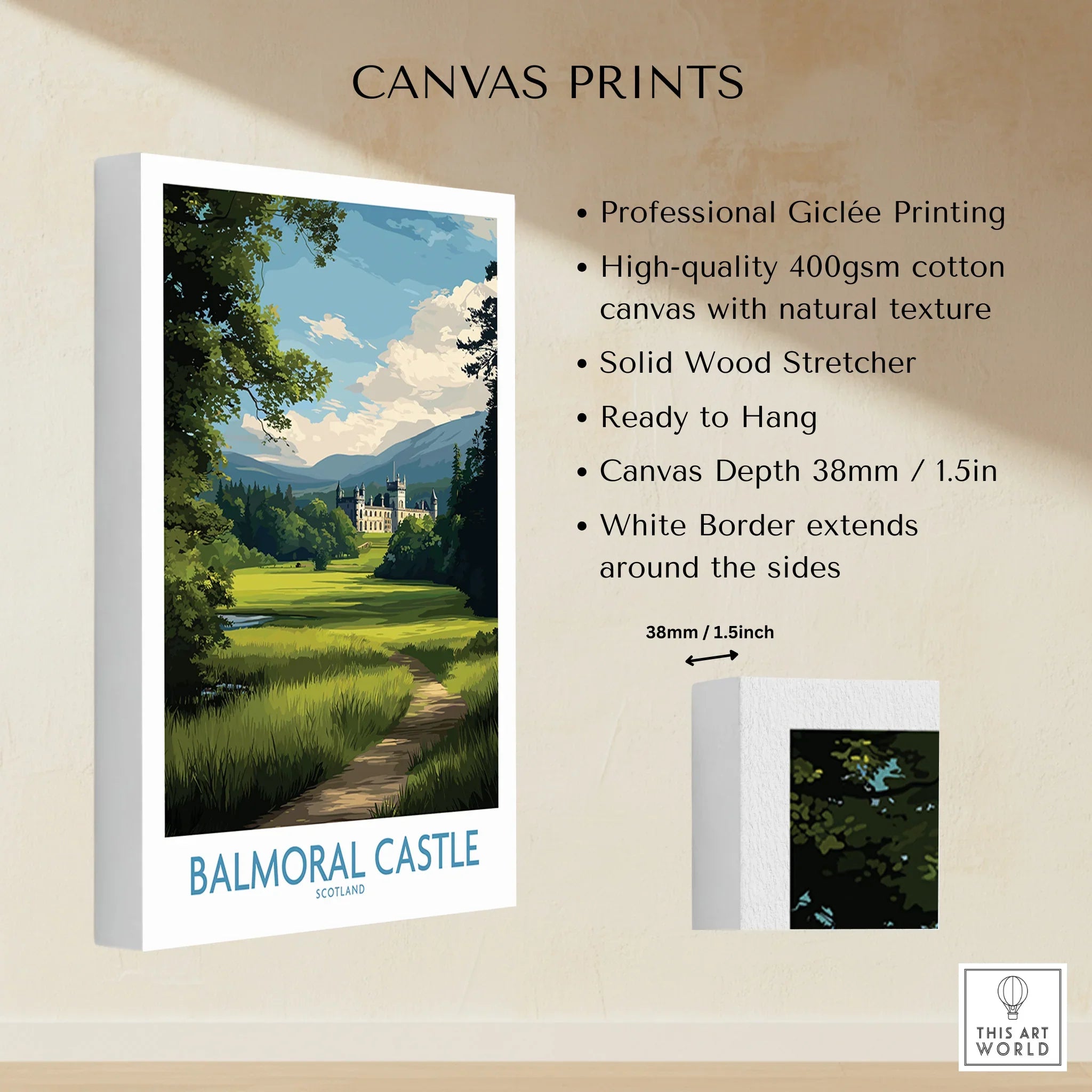 Balmoral Castle Scotland canvas print with forest pathway and detailed product features