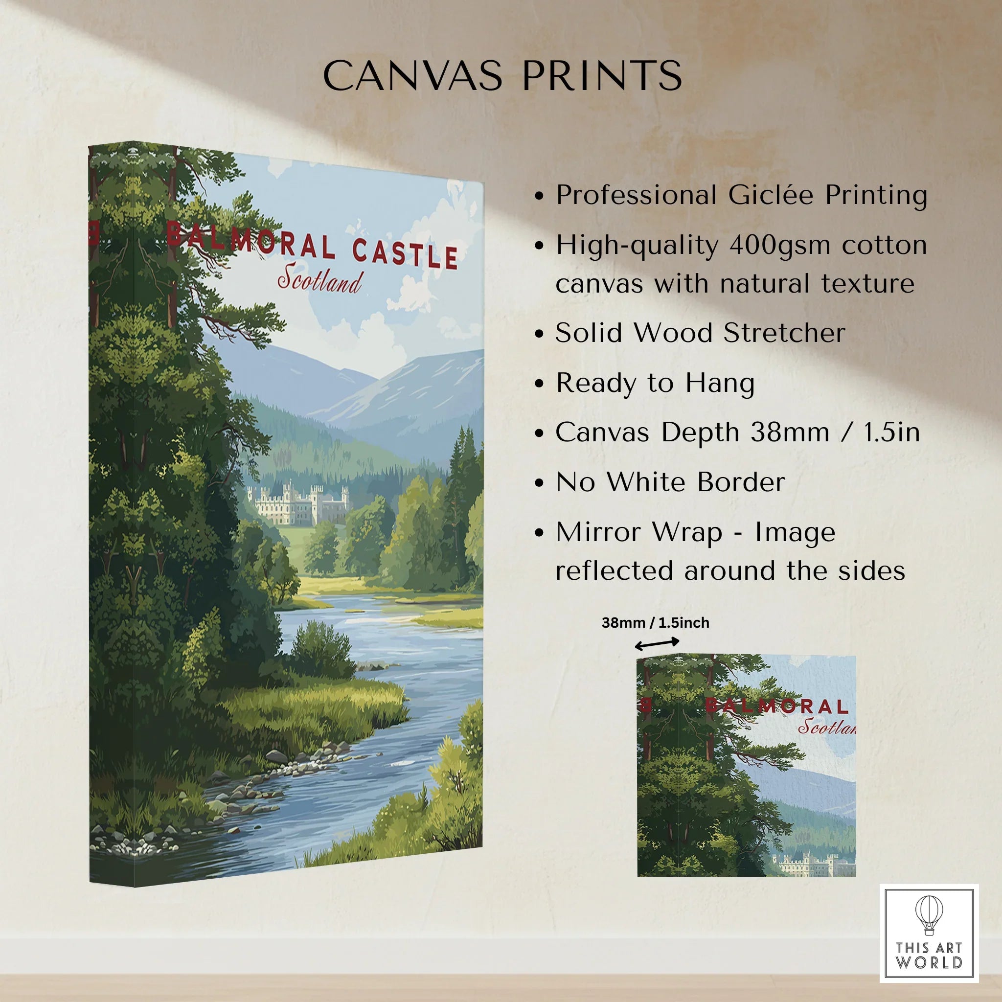 Balmoral Castle Scotland canvas print with river landscape, cotton canvas, wall art details