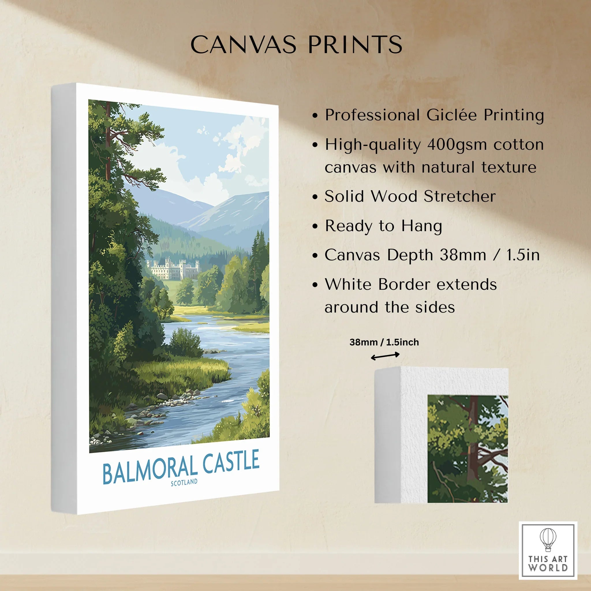 Balmoral Castle Scotland canvas print with river and forest landscape, 400gsm cotton, white border.
