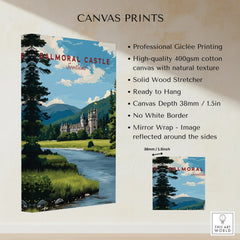 Balmoral Castle Scotland canvas wall art print with river, mountains, and forest