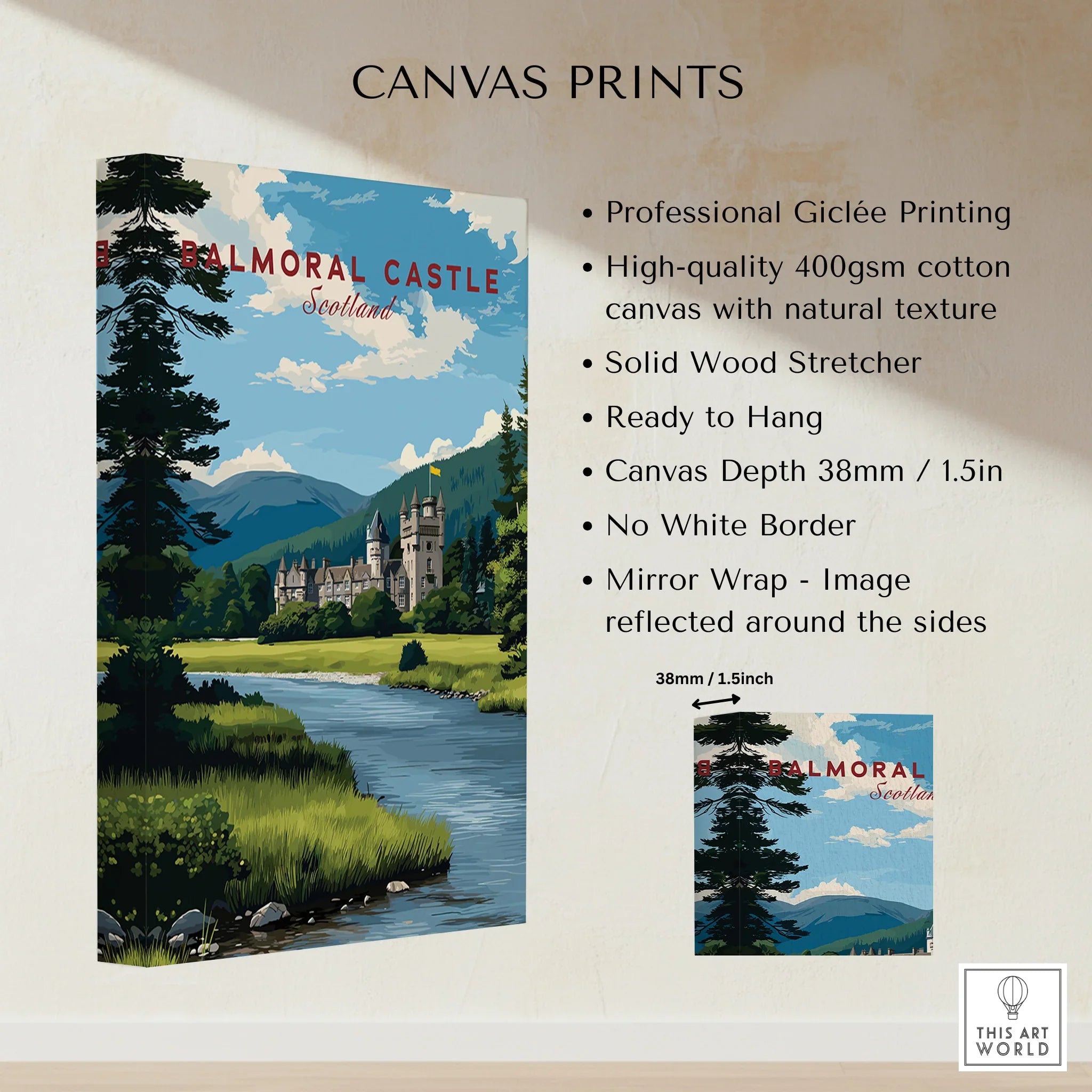 Balmoral Castle Scotland canvas wall art print with river, mountains, and forest