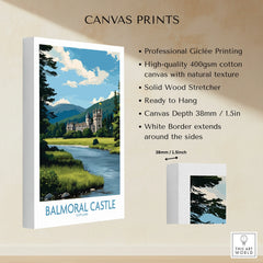 Balmoral Castle Scotland wall art canvas print with river, forest, and mountains, 38mm depth.