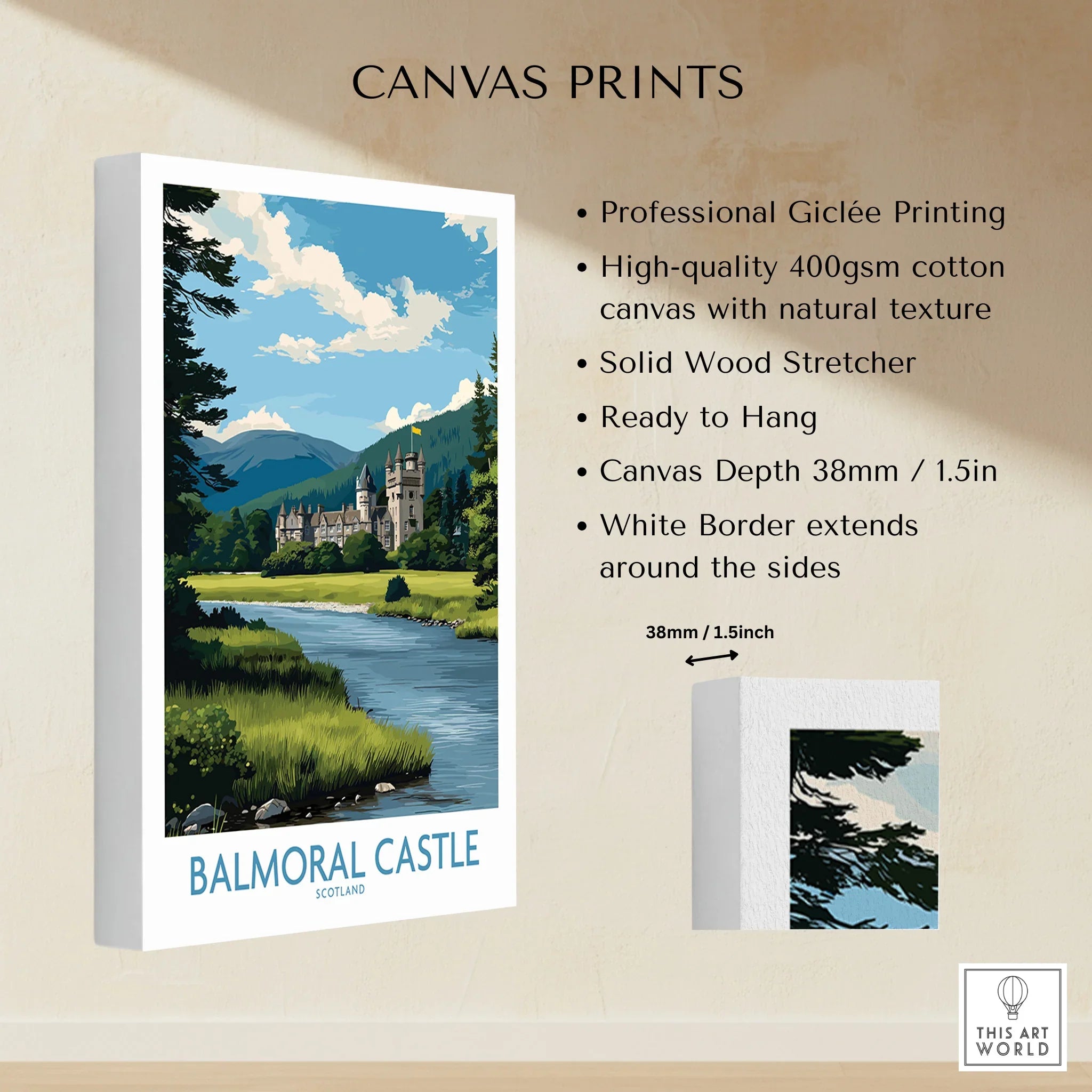 Balmoral Castle Scotland wall art canvas print with river, forest, and mountains, 38mm depth.