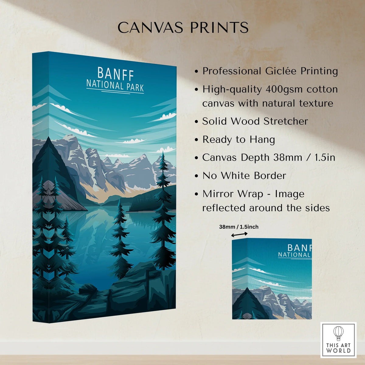Banff National Park canvas print with mountain and lake landscape, stretched cotton, ready to hang