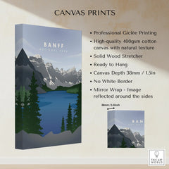 Banff National Park canvas print showing lake, mountains, and pine trees with canvas details.