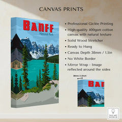 Banff National Park canvas print with turquoise lake, mountains, and pine trees, wall art details.