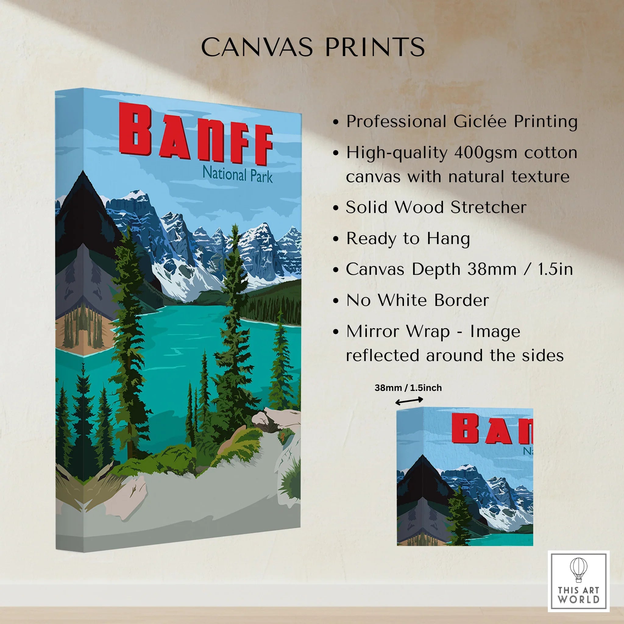 Banff National Park canvas print with turquoise lake, mountains, and pine trees, wall art details.