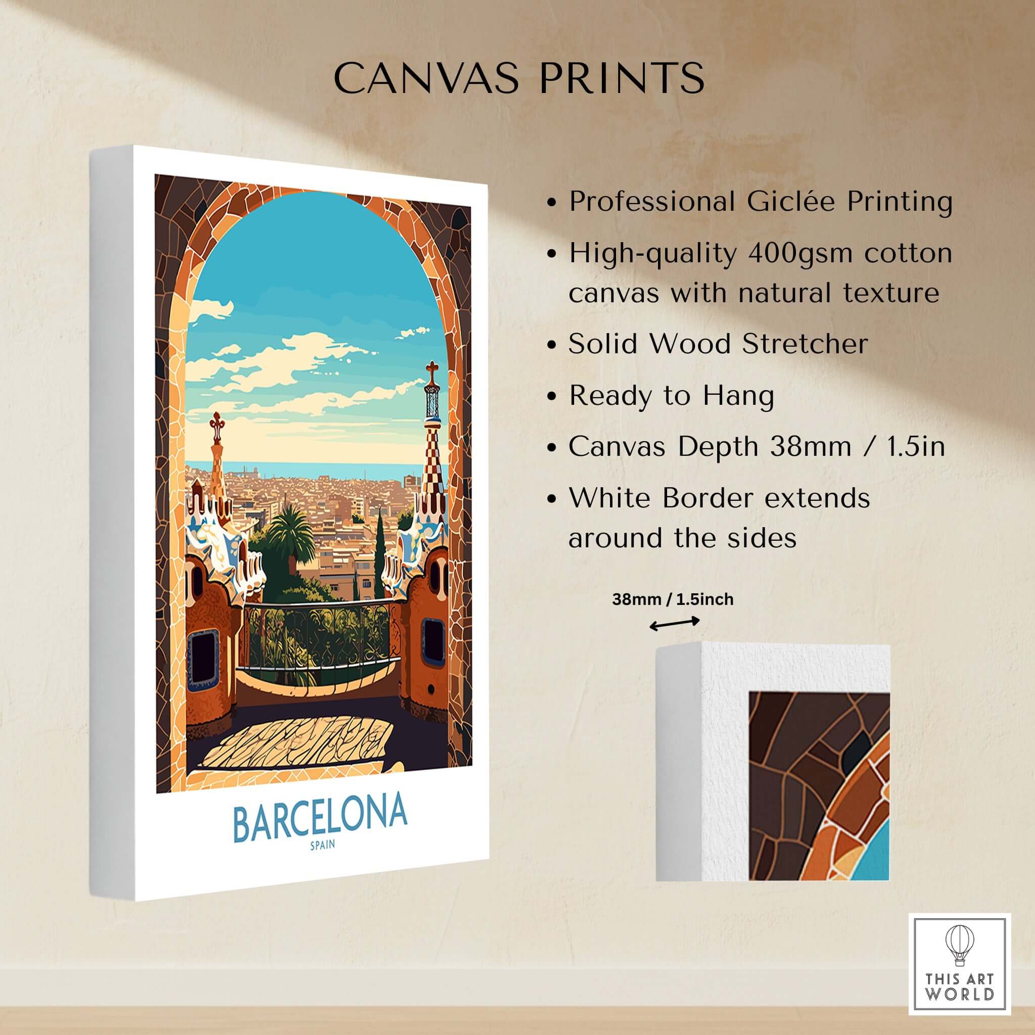 Barcelona Wall Art | Modern Style Giclée printed canvas featuring vibrant Barcelona scenery, ready to hang.
