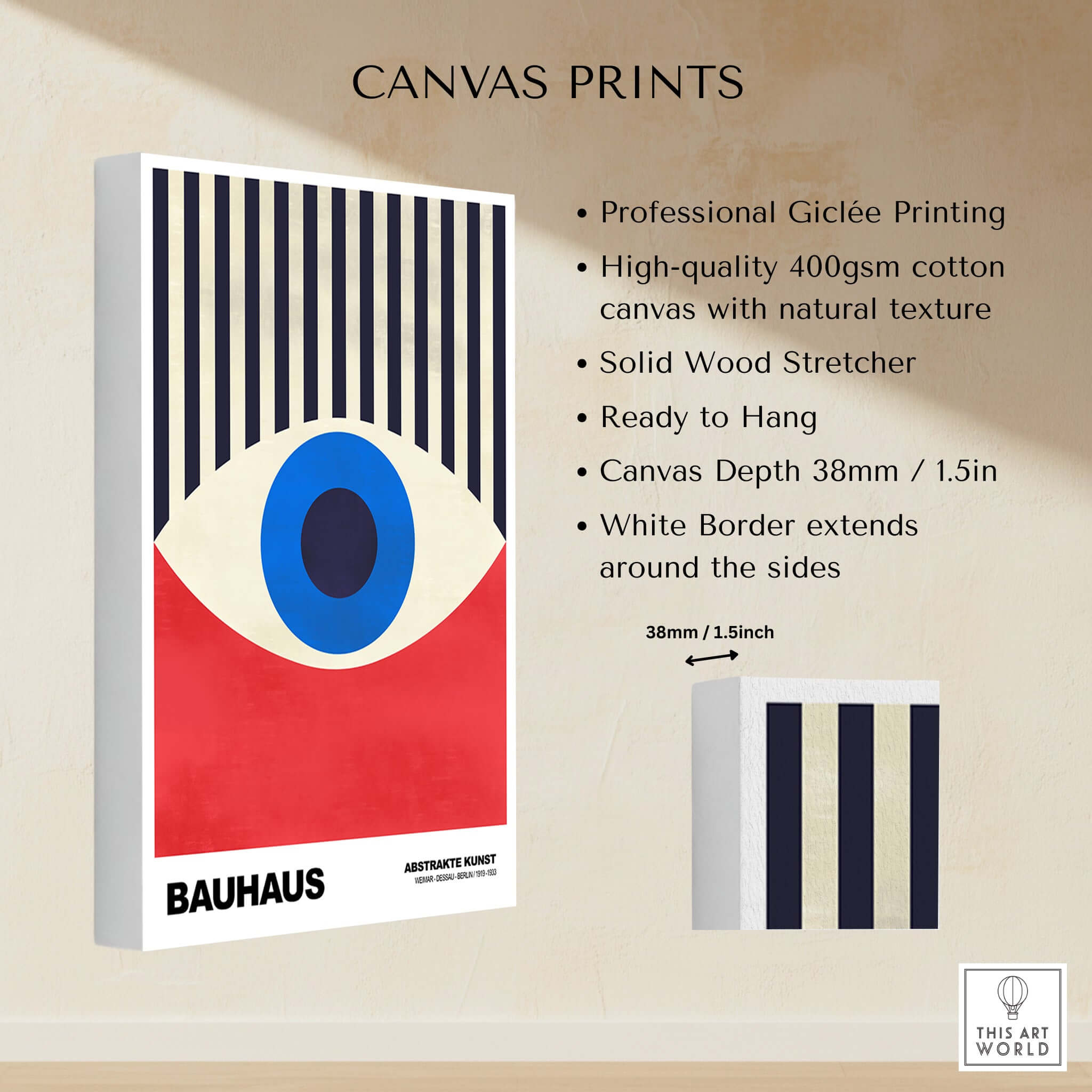 Bauhaus Exhibition Prints - Abstract Eye Art Print Geometric Red Blue Design showcasing professional Giclée printing on canvas.