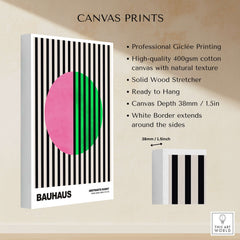Bauhaus Exhibition Prints - Split Circle Abstract Art Print Pink Green Stripes on canvas with solid wood stretcher.