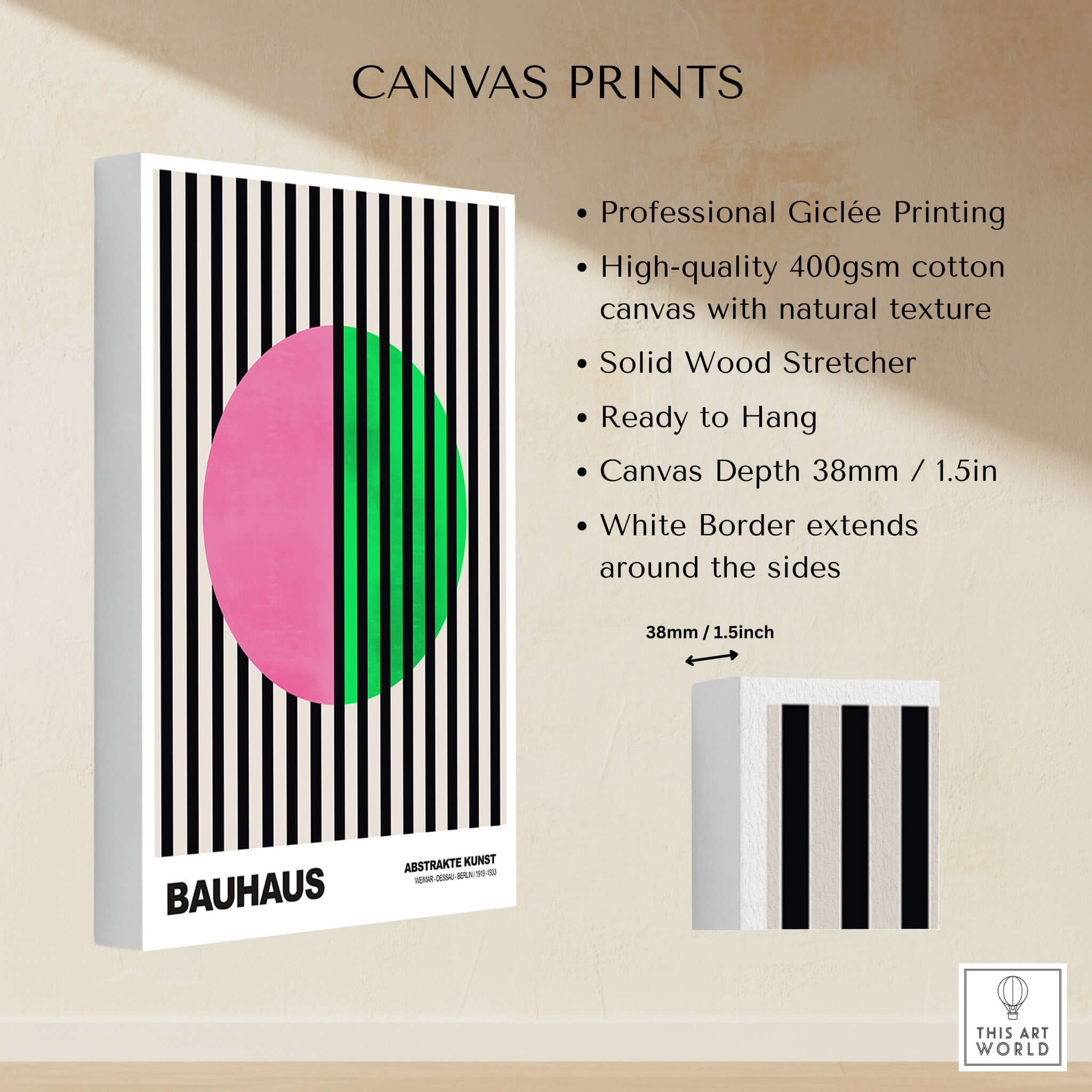 Bauhaus Exhibition Prints - Split Circle Abstract Art Print Pink Green Stripes on canvas with solid wood stretcher.