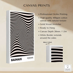 Bauhaus Exhibition Prints -  Optical Wave Lines Art Print Black Cream Abstract on canvas with optical wave design.