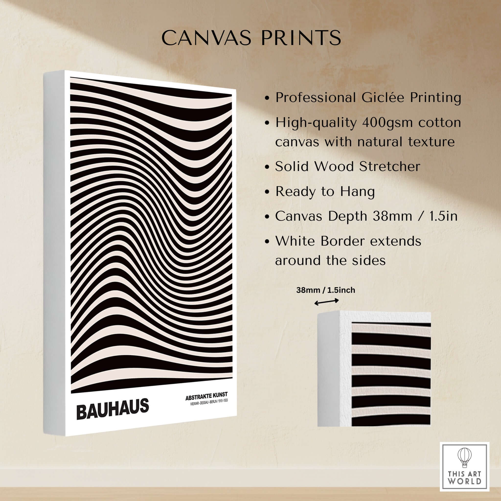 Bauhaus Exhibition Prints -  Optical Wave Lines Art Print Black Cream Abstract on canvas with optical wave design.