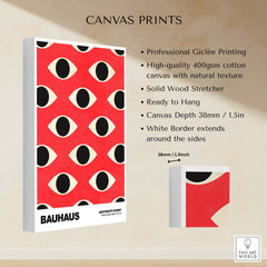 Bauhaus Exhibition Prints - Repeating Eyes Pattern Poster Red Black Cream Art displayed on high-quality canvas with natural texture.
