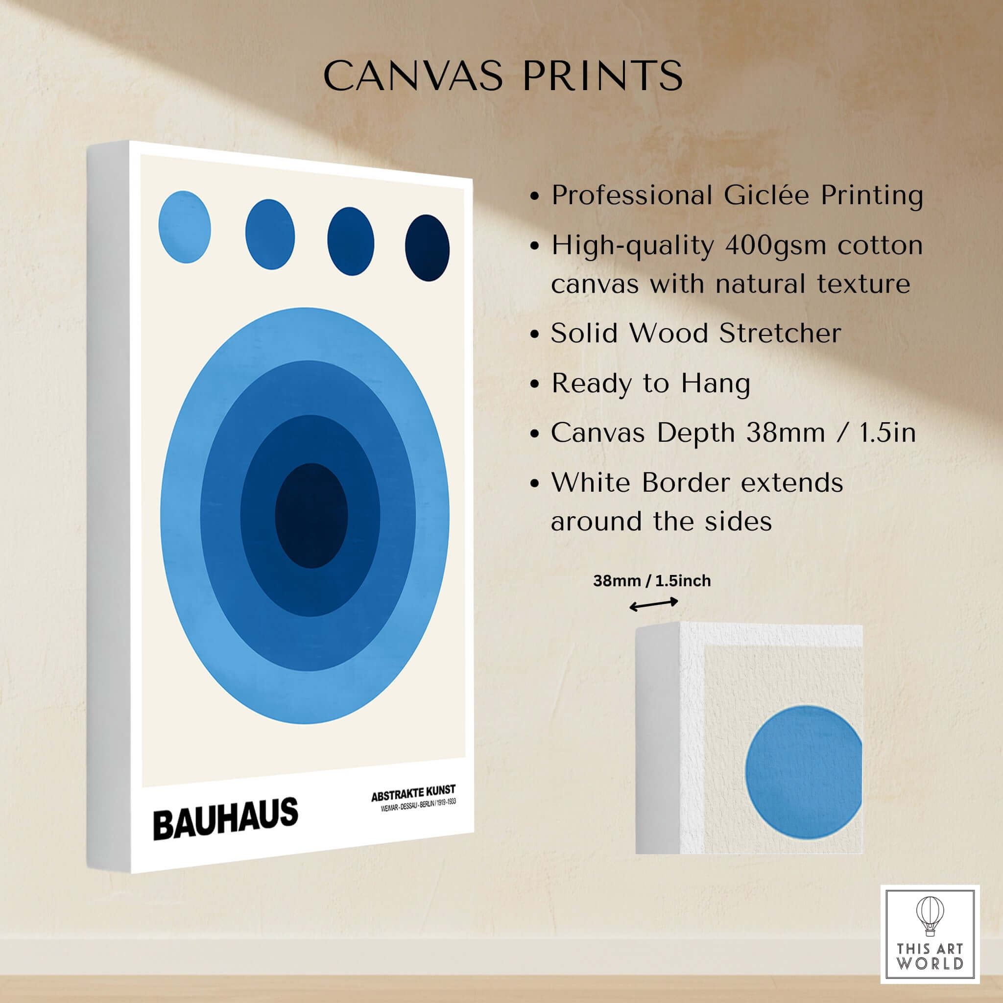 Bauhaus Exhibition Prints - Abstract Blue Circles Poster Geometric Design showcasing professional Giclée printing on canvas.