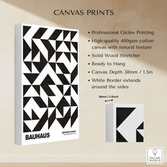 Bauhaus Exhibition Prints - Geometric Triangle Pattern Poster Black White Abstract with canvas details and dimensions.