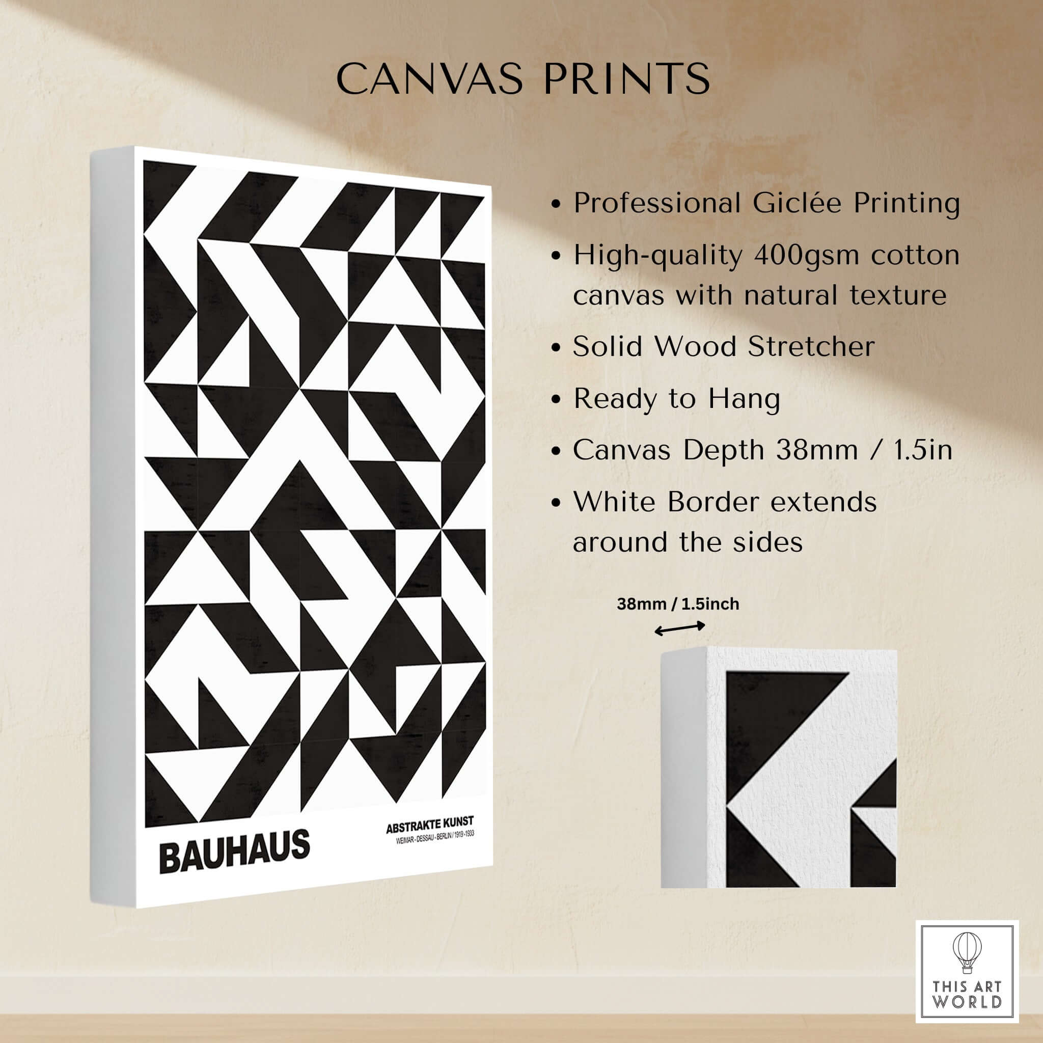 Bauhaus Exhibition Prints - Geometric Triangle Pattern Poster Black White Abstract with canvas details and dimensions.