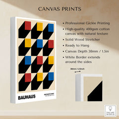 Bauhaus Exhibition Prints - Isometric Cubes Art Print Red Yellow Blue Design showcasing geometric design and canvas details.