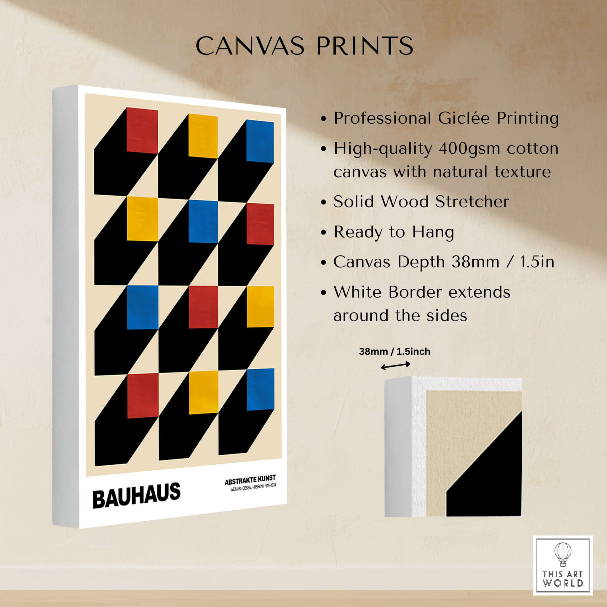 Bauhaus Exhibition Prints - Isometric Cubes Art Print Red Yellow Blue Design showcasing geometric design and canvas details.