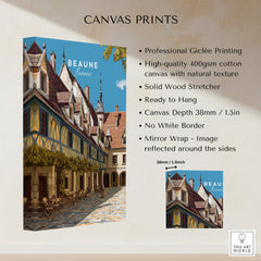 Beaune Travel Poster – Hospices de Beaune Architecture and Courtyard Art Canvas Print showcasing vibrant colors and detailed design.