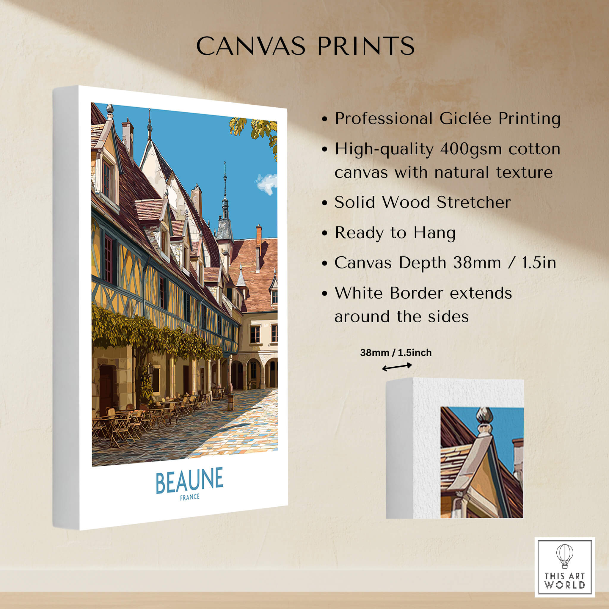 Beaune France Print – Hospices de Beaune Wall Art showcasing high-quality canvas with rustic architecture.