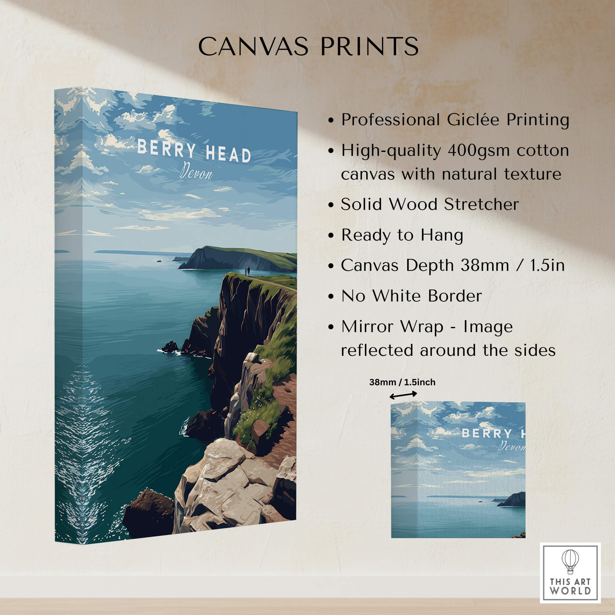 Berry Head Travel Poster – Devon Coastal Cliffs and Ocean View Print showcasing professional giclée printing and canvas details.