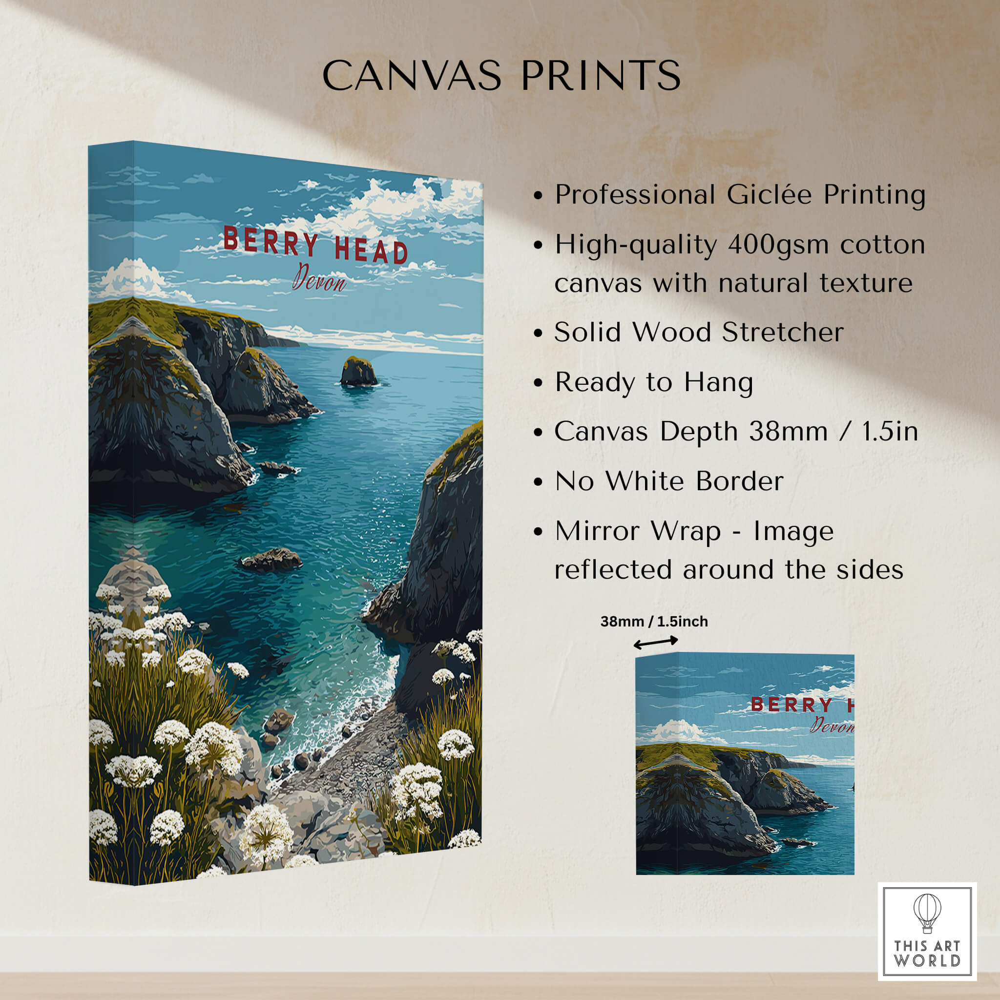 Berry Head Travel Poster – South Devon Coastline and Wildflower Art showcasing coastal cliffs and wildflowers.