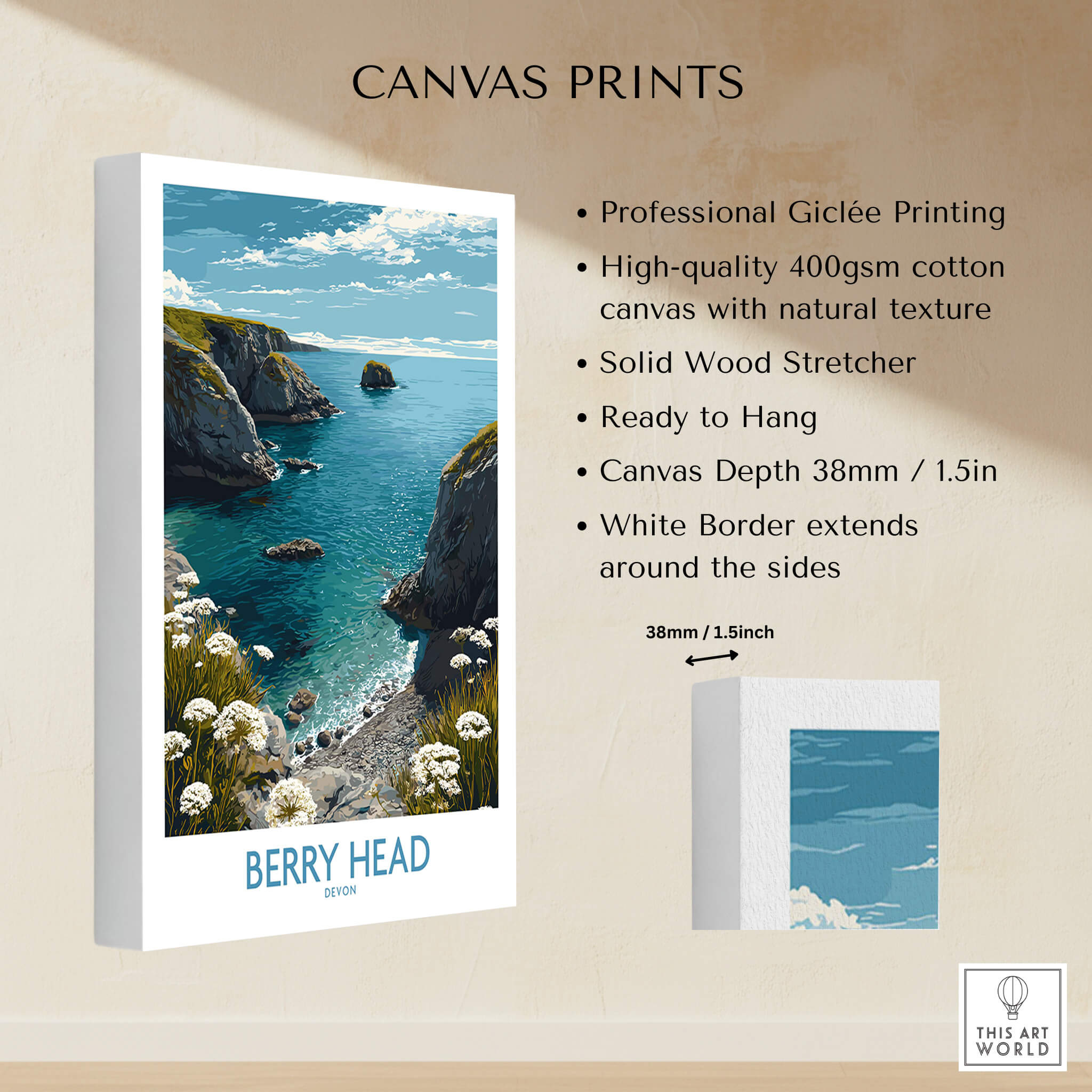 Berry Head Devon Print – Rocky Cliffs and Turquoise Sea Wall Decor showcasing Giclée printing on high-quality canvas.