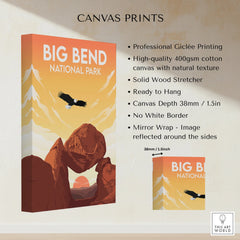 Big Bend National Park canvas print with eagle, desert mountains, sunset sky, and product details.