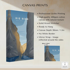 Big Bend National Park canvas print with canyon landscape and product details on wall