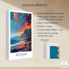 Big Island Hawaii Sunset Beach Art Print | Tropical Palm Tree Poster showcasing professional Giclée printing on canvas.